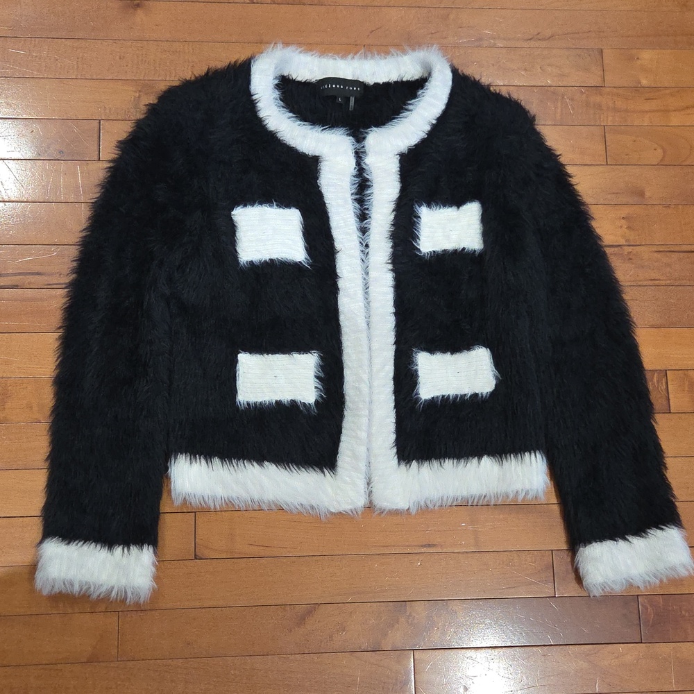 Women's Fuzzy Contrast Cropped Black & White Cardigan Sz L  by endless rose